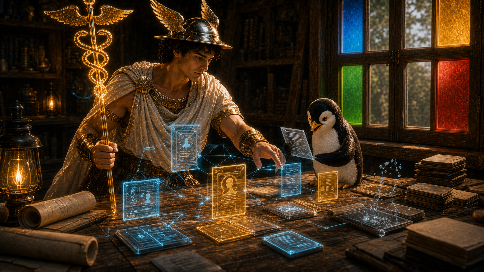 Hermes organiza cartões e pergaminhos luminosos sobre uma mesa enquanto um pinguim ajuda a classificar memórias.