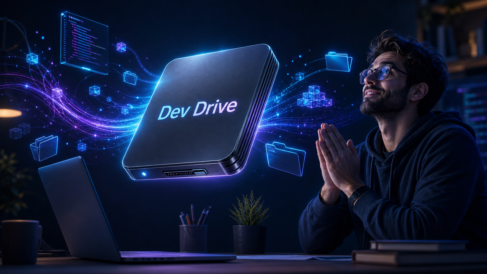 Disco rígido luminoso com a inscrição Dev Drive flutuando diante de um notebook, enquanto um desenvolvedor observa em pose de adoração.