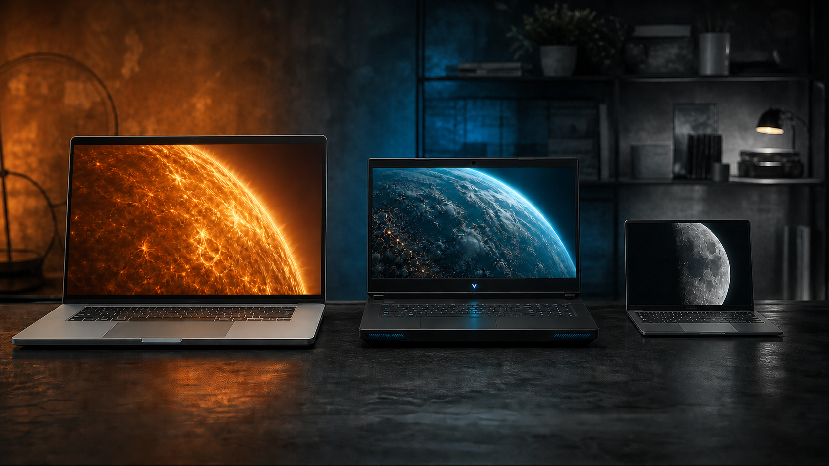 Três notebooks em uma bancada escura representam os modelos Sol, Terra e Luna: o maior exibe o Sol em luz alaranjada, o médio mostra a Terra em azul e o menor mostra a Lua em tons de cinza.
