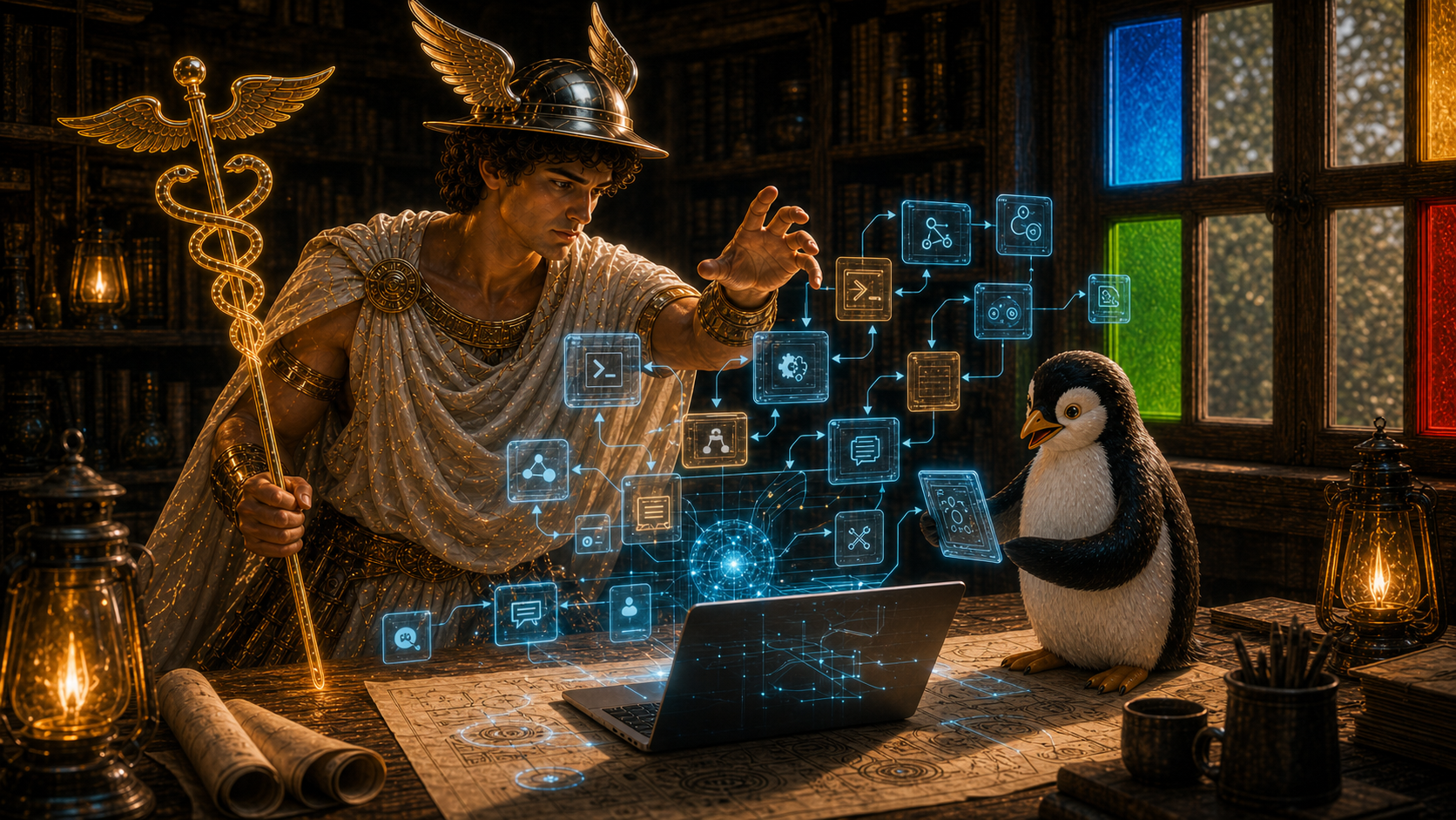 Hermes opera uma interface de terminal holográfica que sai de um laptop, com módulos conectados de comandos, ferramentas, skills e sessões ao lado de um pinguim.