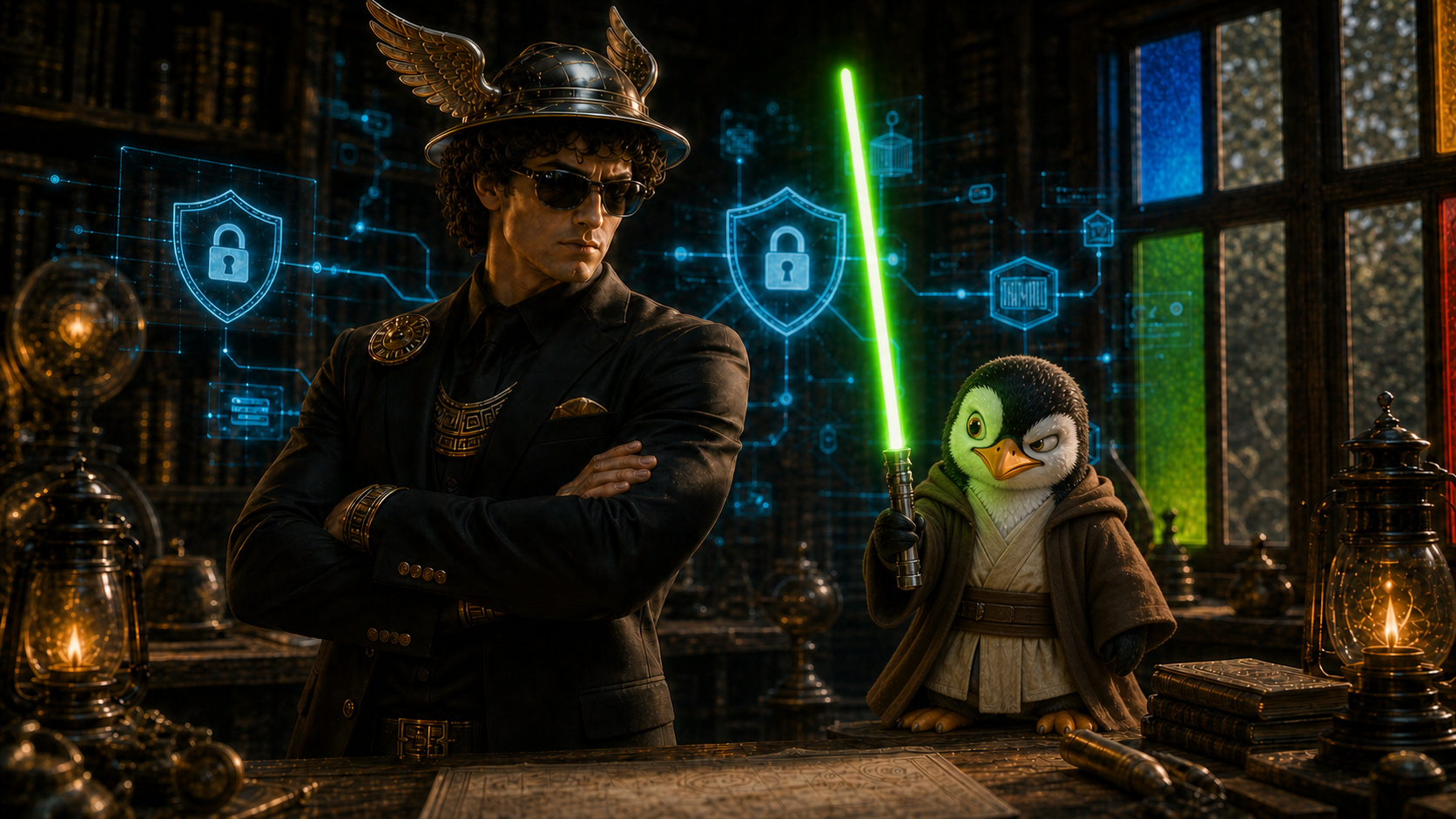 Hermes em versão agente secreto protege um gateway digital enquanto um pinguim com manto de mestre jedi segura um sabre de luz verde em uma oficina escura com hologramas de segurança.