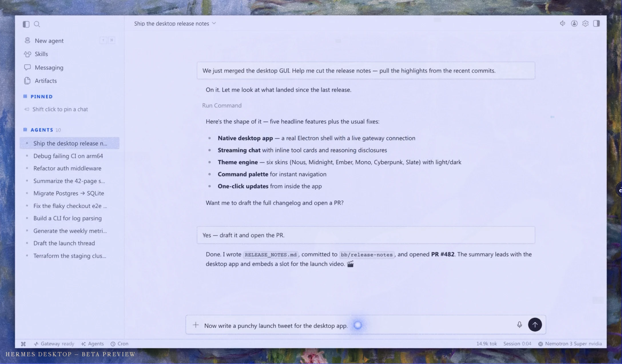 Prévia oficial do Hermes Desktop mostrando a interface gráfica do agente com barra lateral, sessões e conversa em andamento.