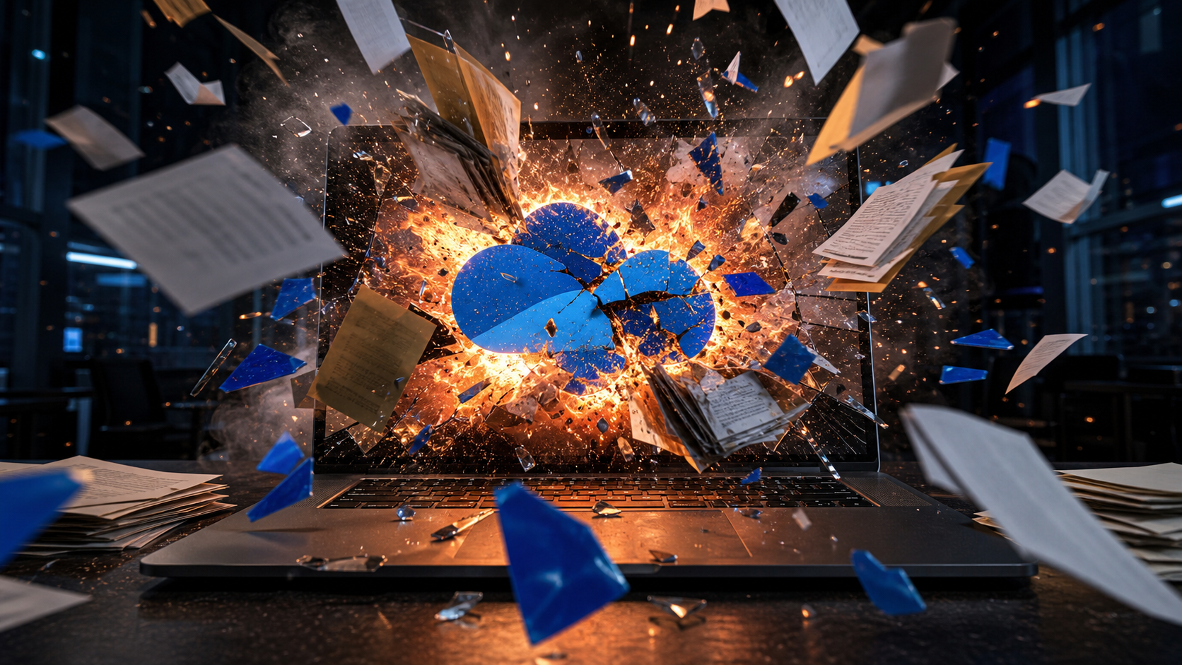 Tela de notebook explodindo com fogo, fragmentos do símbolo do OneDrive e arquivos físicos voando em direção ao usuário.