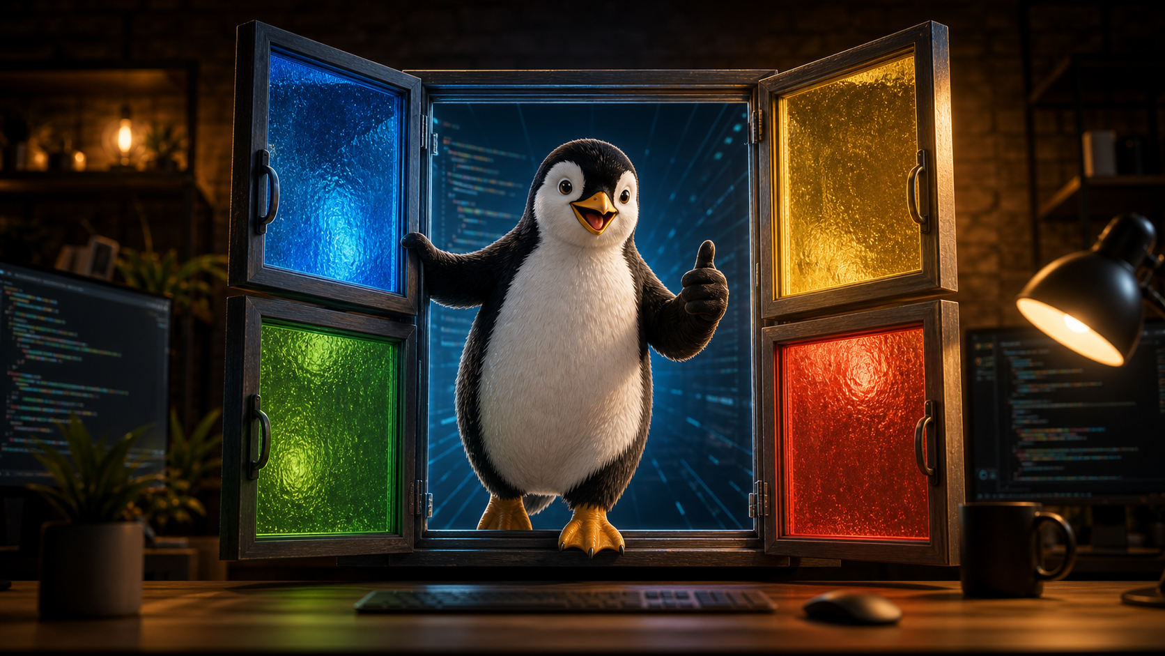 Pinguim representando Linux saindo de uma janela em quatro painéis coloridos, inspirada no símbolo do Windows.